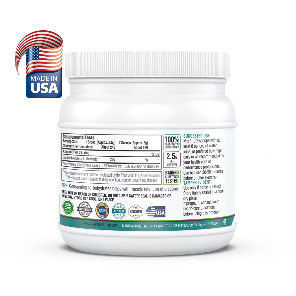 Kappa Nutrition Creatine Monohydrate Powder, Pure Amino Acid Formula, Supports Muscle Strength, Cellular Energy & Mental Focus* Gluten-Free, Keto, 2.25g per Scoop, 240 Servings, Net Wt. 1.32 LB (600g) KAPPA NUTRITION Au supplements