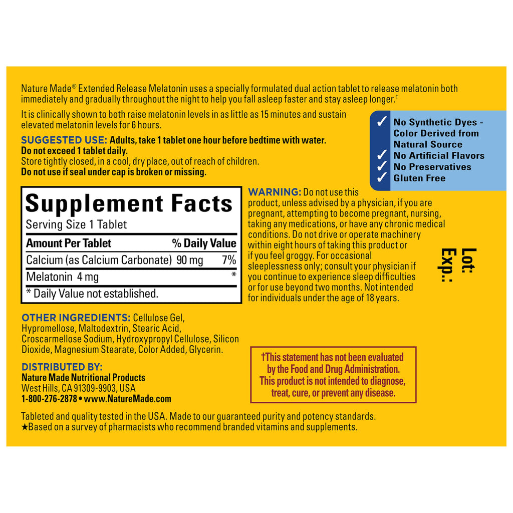Nature Made Melatonin 4mg Extended Release Tablets, Sleep Supplements for Adults, 100% Drug Free Sleep Aid, 90 Count, 90 Day Supply