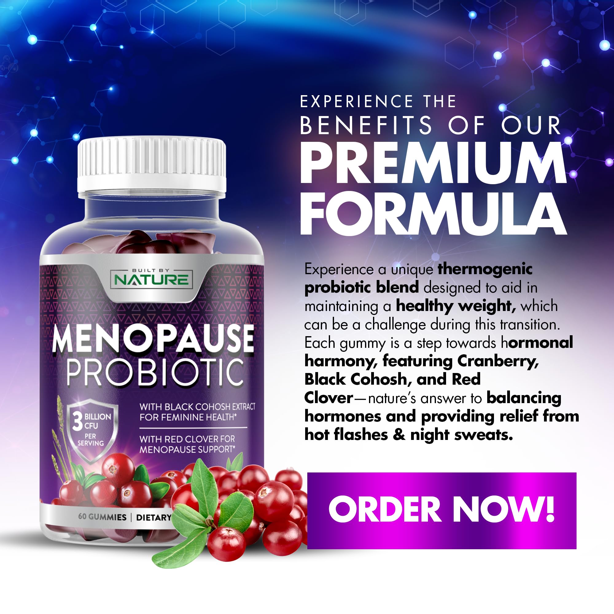Menopause Supplements for Women - Menopause Probiotic Gummy - Women’s Menopause Relief for Hot Flashes, Night Sweats & Mood Swings with Black Cohosh & Cranberry - Non-GMO, Vegan - 60 Gummies Built by Nature Au supplements