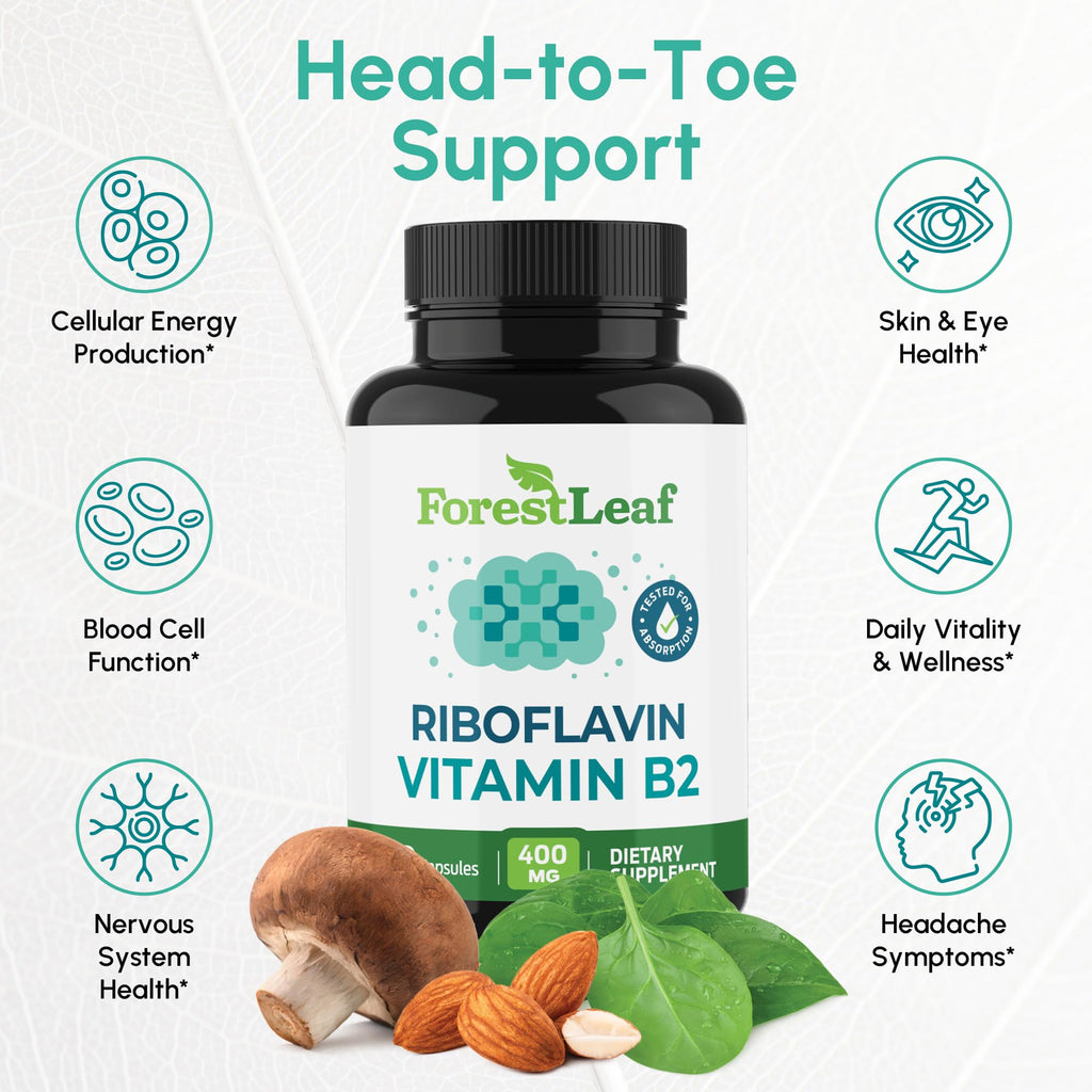 Vitamin B2 Riboflavin 400mg - Energy, Skin & Cellular Health Supplement - Nervous System Support - Vitamin B 2 Vit B - Non-GMO & Gluten Free - B2 Vitamin 400mg