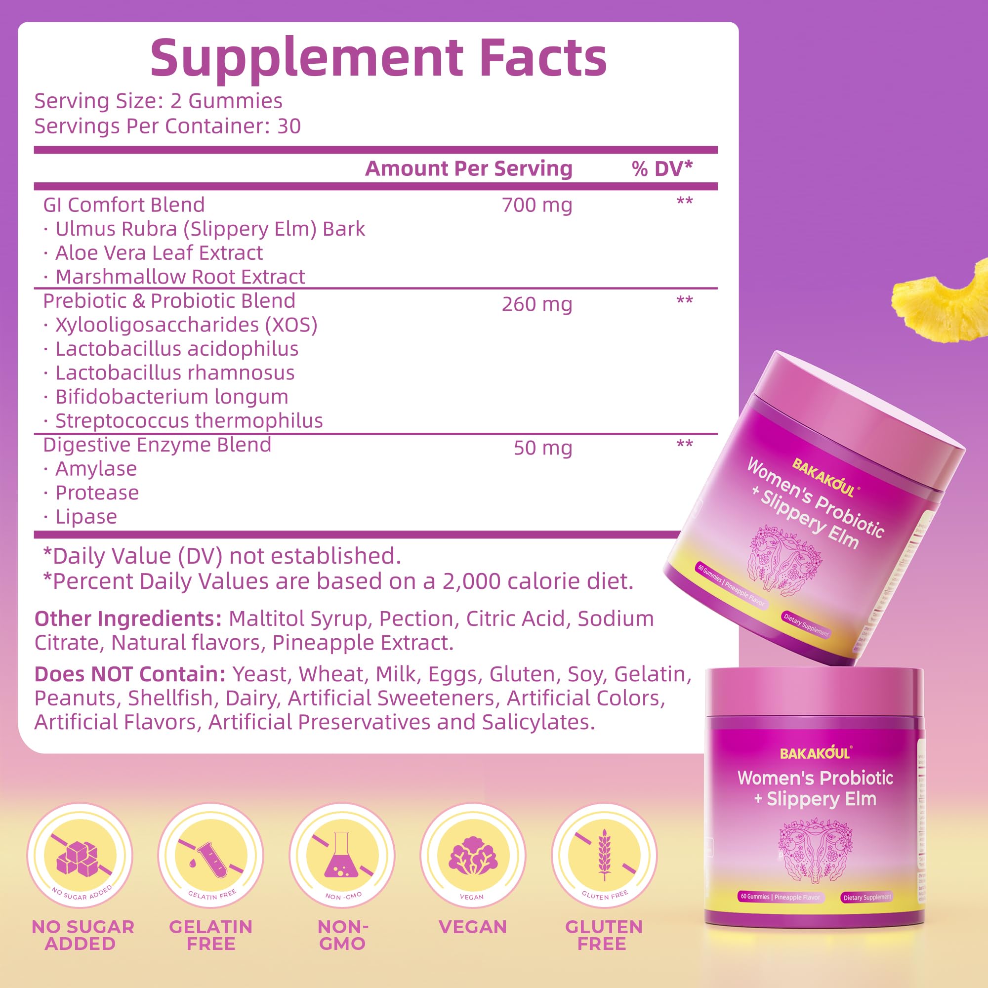 BAKAKOUL Feminine Probiotics Gummies for Women, Vaginal Probiotics with Slippery Elm,Prebiotics & Probiotics Supports pH Balance,Immune Health, Vegan