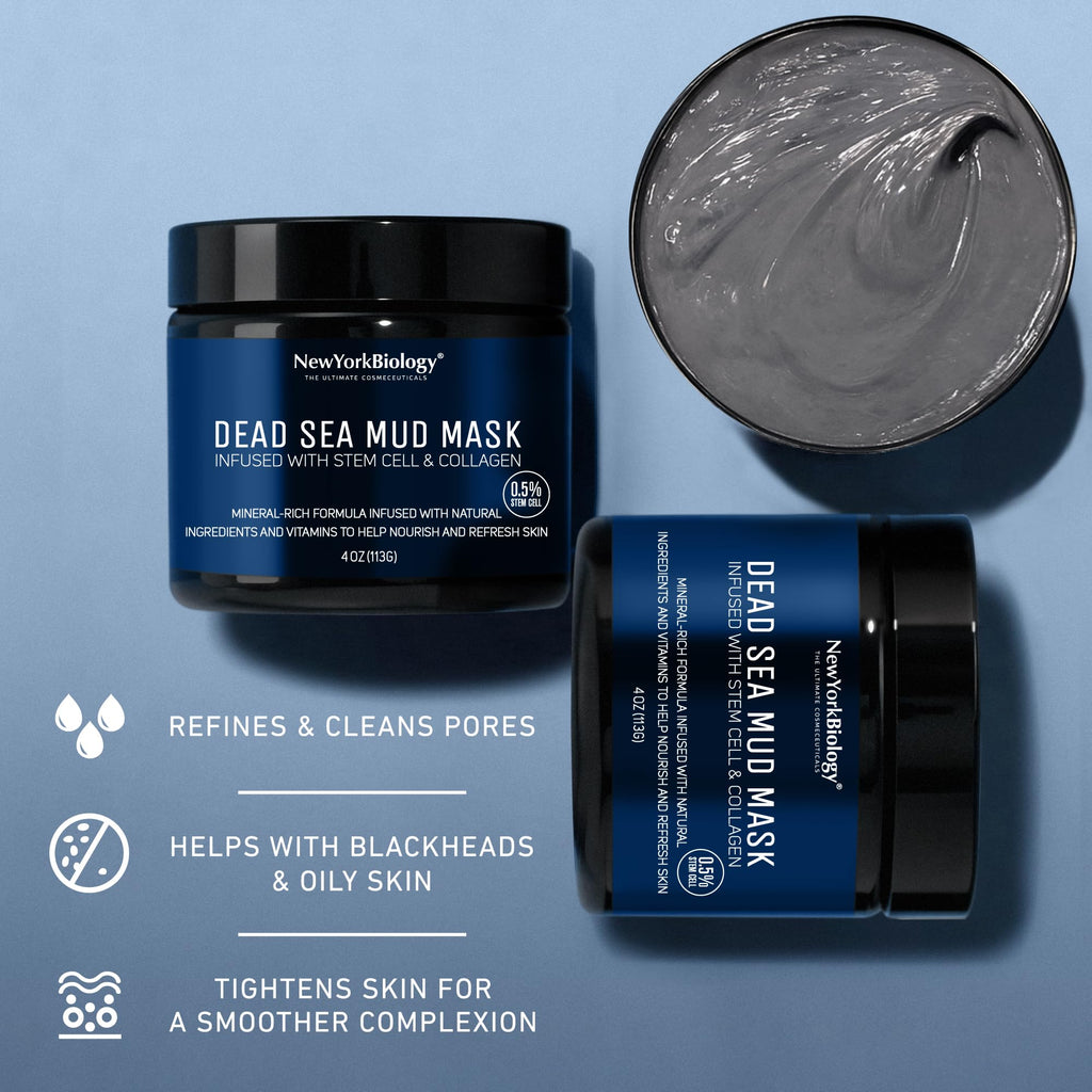New York Biology Dead Sea Mud Mask for Face & Body | with Stem Cell and Collagen | Face Mask, Brush Applicator, Towel | Spa Quality Pore Refiner for Oily Skin