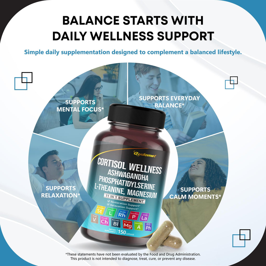 GUDOMET CORTISOL Wellness Magnesium Ashwagandha L-Theanine Phosphatidylserine Rhodiola Rosea Passionflower Lavender Chamomile -150 Capsules GUDOMET Au supplements