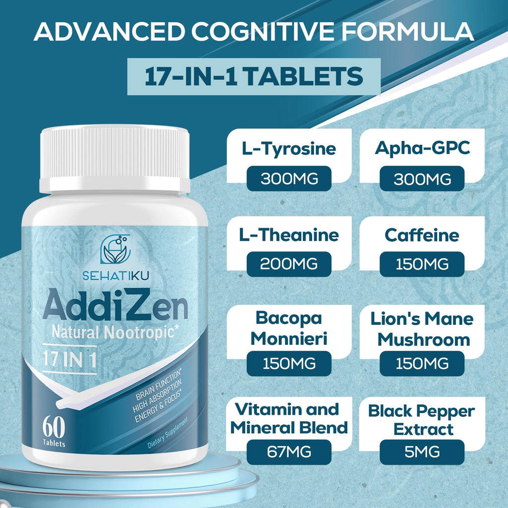 17-in-1 Brain Supplement for Memory and Focus | Natural Nootropics Brain Supplement for Brain Cognition, Energy | High Absorption | L-Theanine, Phytonutrient Blend and Vitamins B6, B12 | 60 Tablets SehatiKu Au supplements