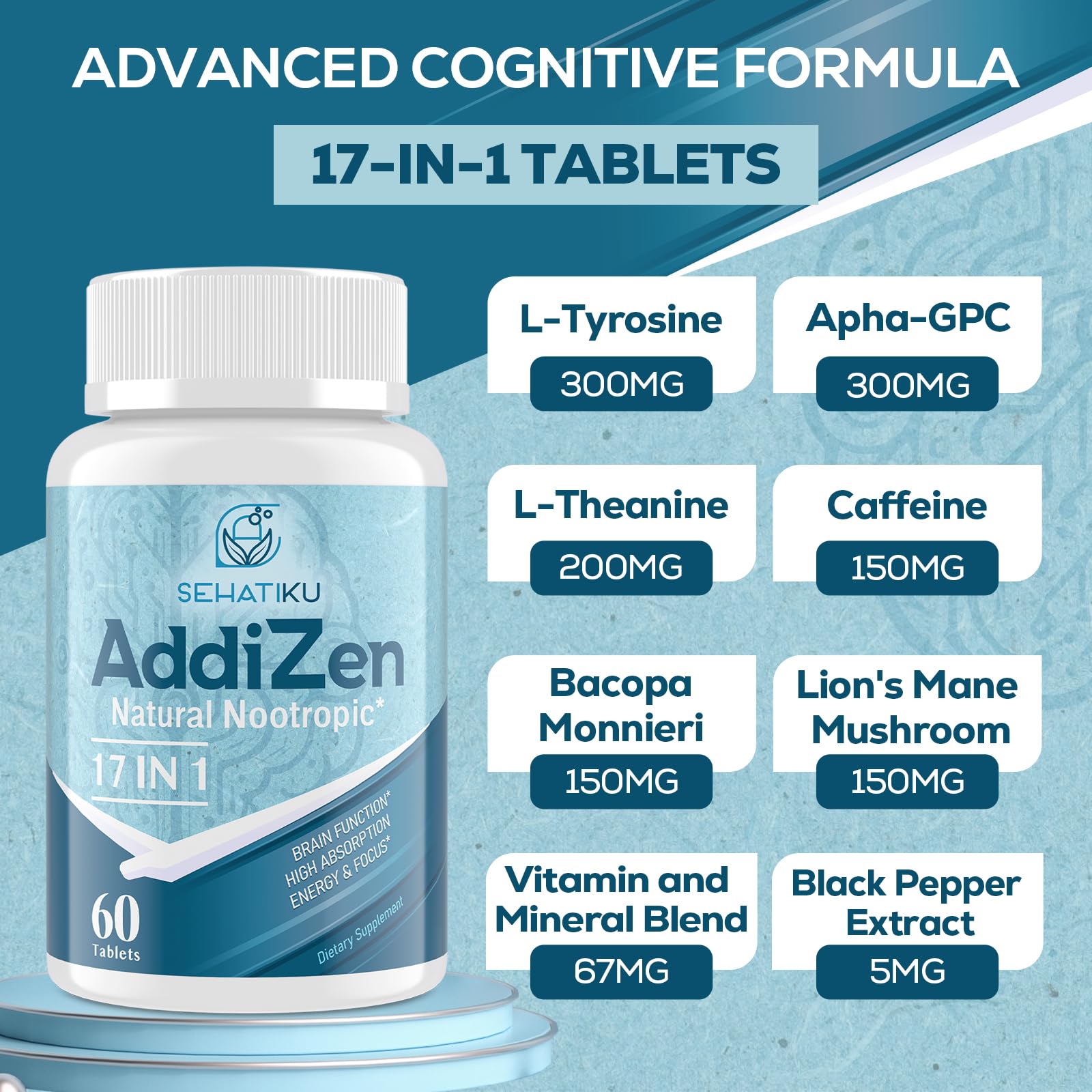 17-in-1 Brain Supplement for Memory and Focus | Natural Nootropics Brain Supplement for Brain Cognition, Energy | High Absorption | L-Theanine, Phytonutrient Blend and Vitamins B6, B12 | 60 Tablets SehatiKu Au supplements