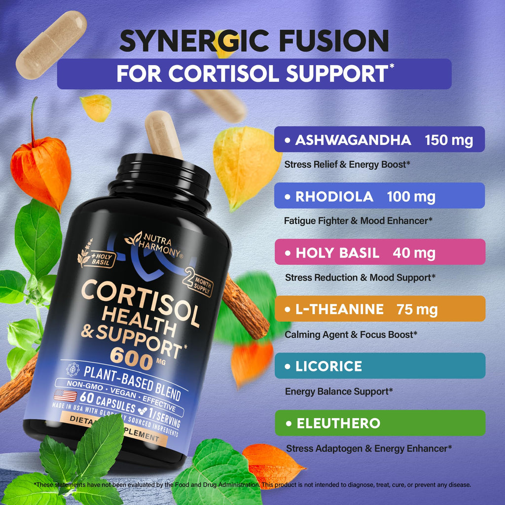 Cortisol Supplement for Women - Holy Basil | Ashwagandha | Rhodiola | L-Theanine - Plant-Based Hormone Balance - Mood, Focus & Sleep Support - Made in USA