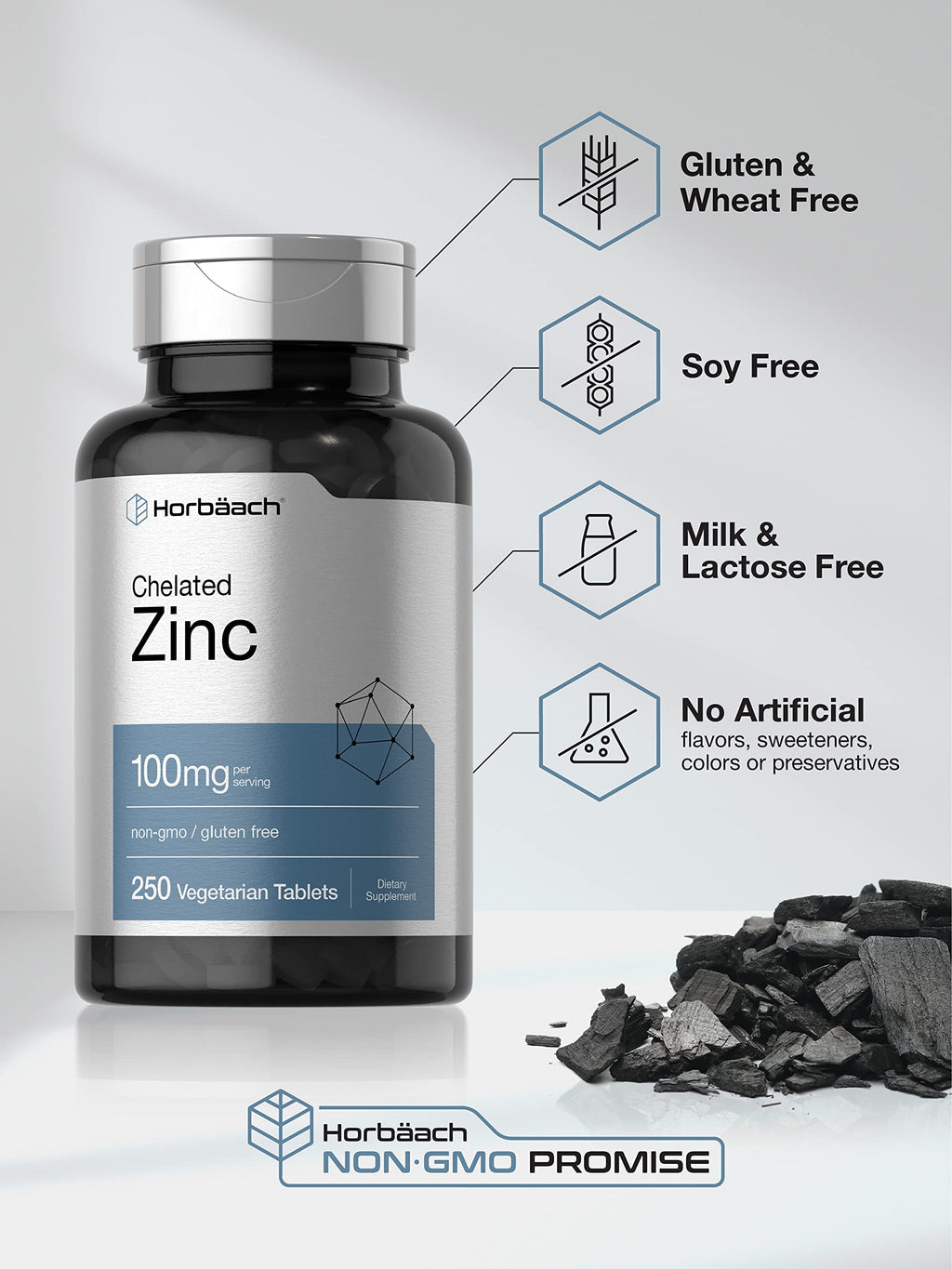 Horbäach Chelated Zinc Supplement 100mg | 250 Tablets | High Potency & Superior Absorption | Vegetarian, Non-GMO, Gluten Free