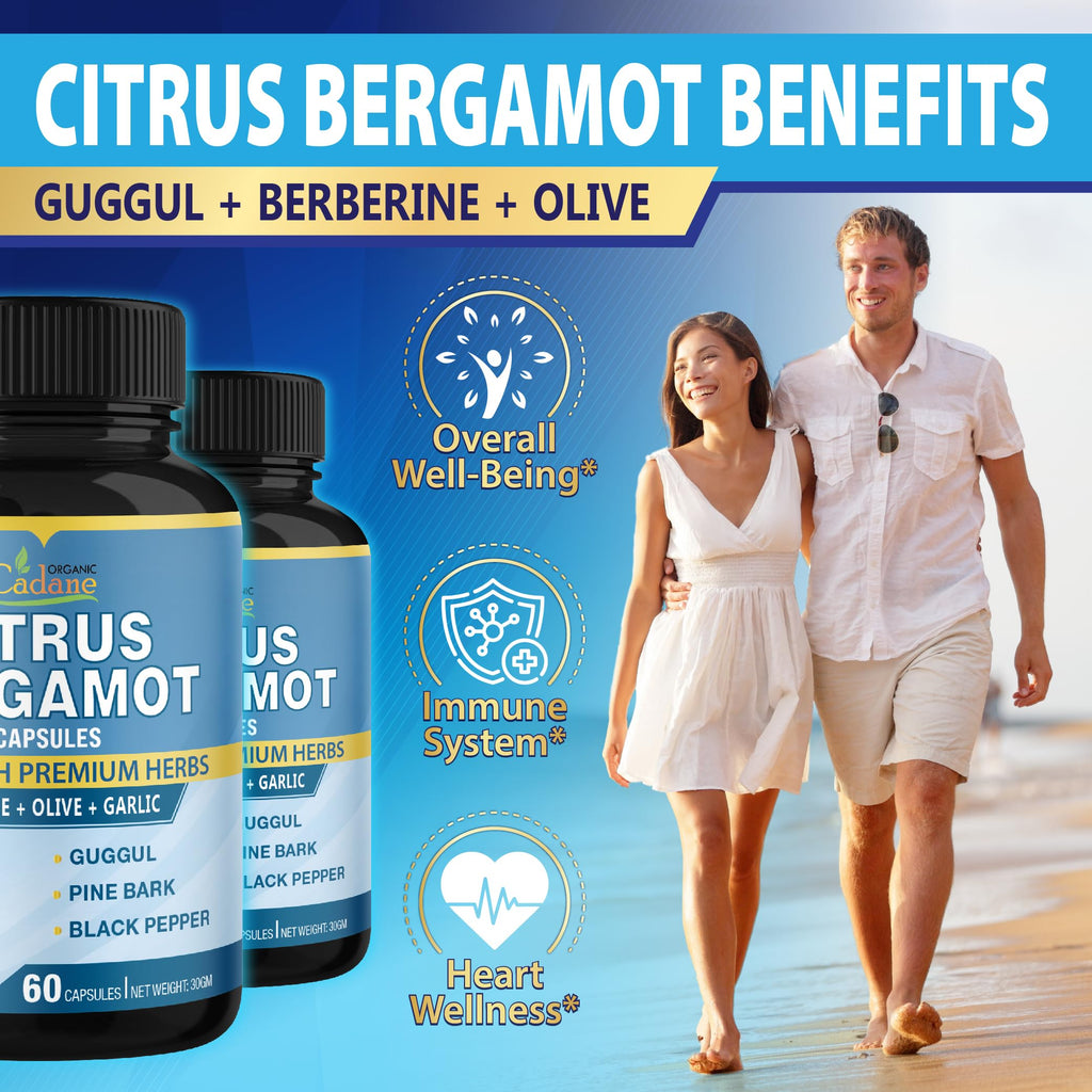 Cadane 2 Packs Citrus Bergamot Extract Capsules with Berberine, Olive, Guggul, Garlic, Pine Bark, Black Pepper | 4 Months Supply
