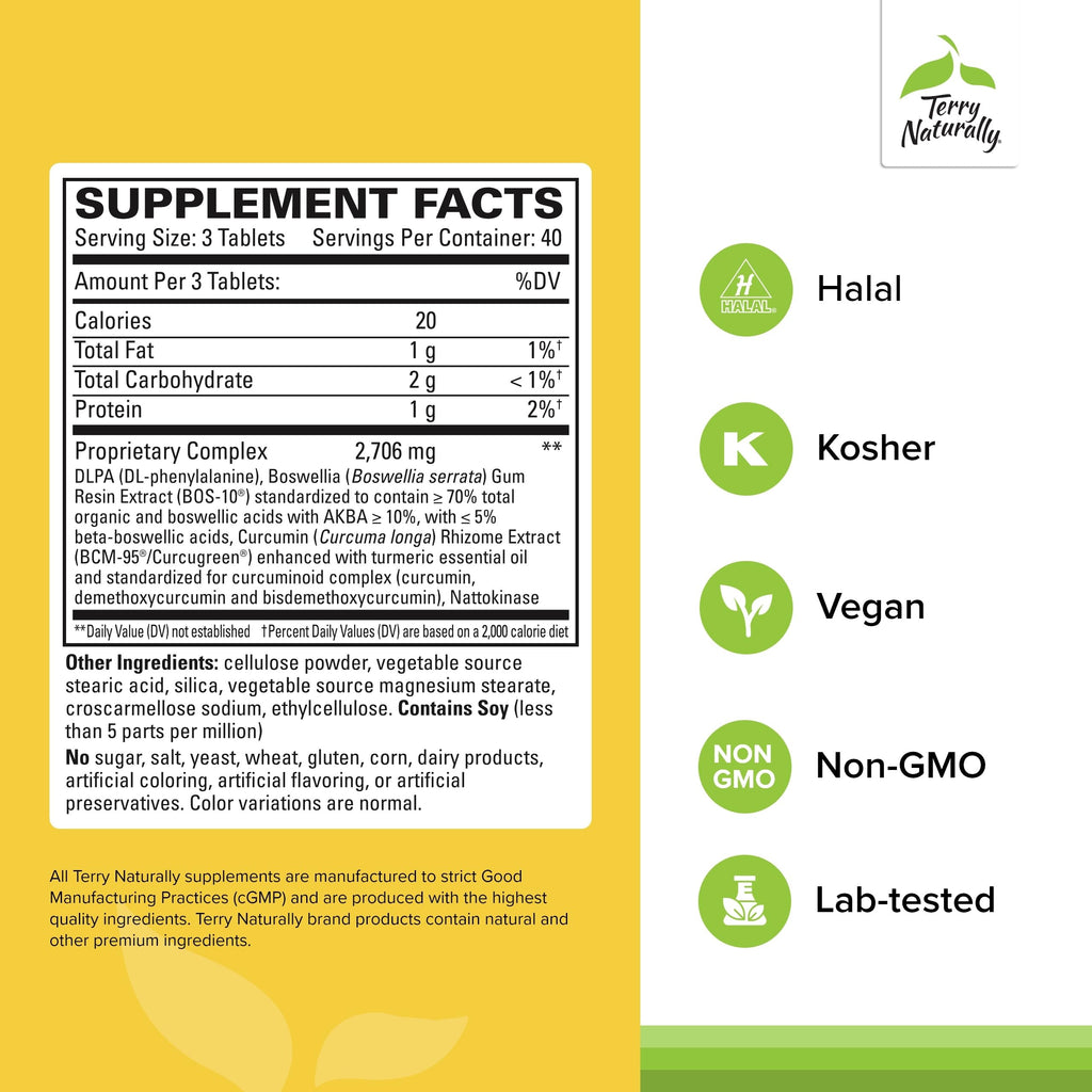 Terry Naturally Curamin Extra Strength - 120 Vegan Tablets - Non-Addictive Pain Relief Supplement with Curcumin from Turmeric