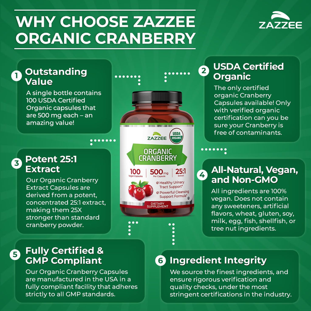 Zazzee USDA Organic Cranberry 25:1 Extract, 500 mg per Capsule, 100 Vegan Capsules, 3+ Month Supply, Certified Kosher, Vaccinium Macrocarpon, Urinary Tract & Bladder Support