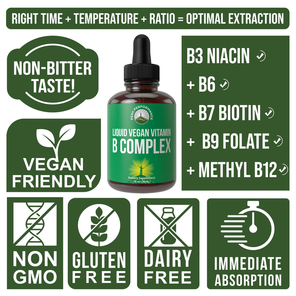 B Complex Liquid Drops Vegan Supplement. Best 5 B Vitamins with B3 Niacin, B6, B7 Biotin, B9 Folate, Methylcobalamin B12. B-Complex for Hair, Skin Nails, Energy. for Adults, Men, Women Peak Performance Au supplements