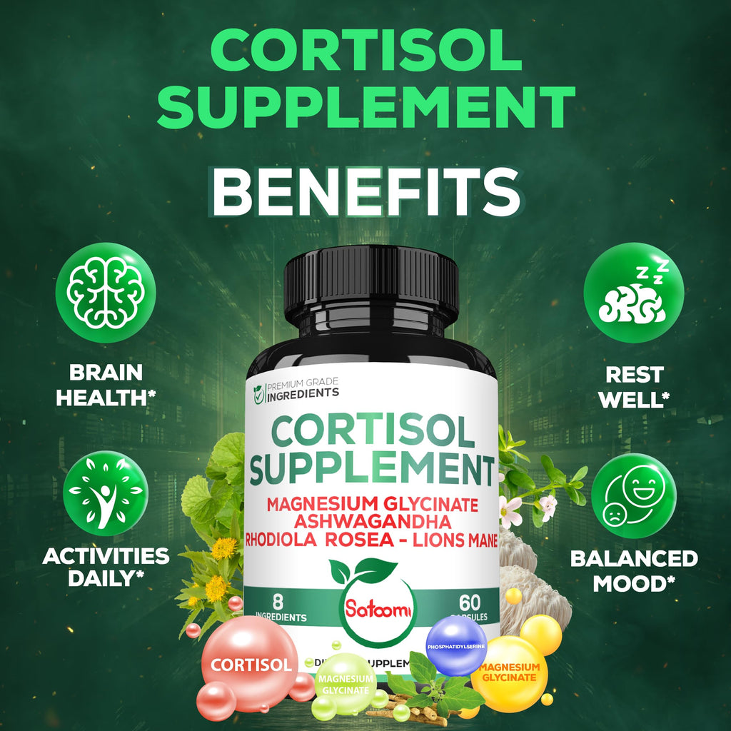 Satoomi 8in1 Cortisol Manager with Magnesium Glycinate, Ashwagandha, Rhodiola Rosea, Lions Mane & More - Cortisol Reducer Supplement Men & Women - 60 Capsules Satoomi Au supplements