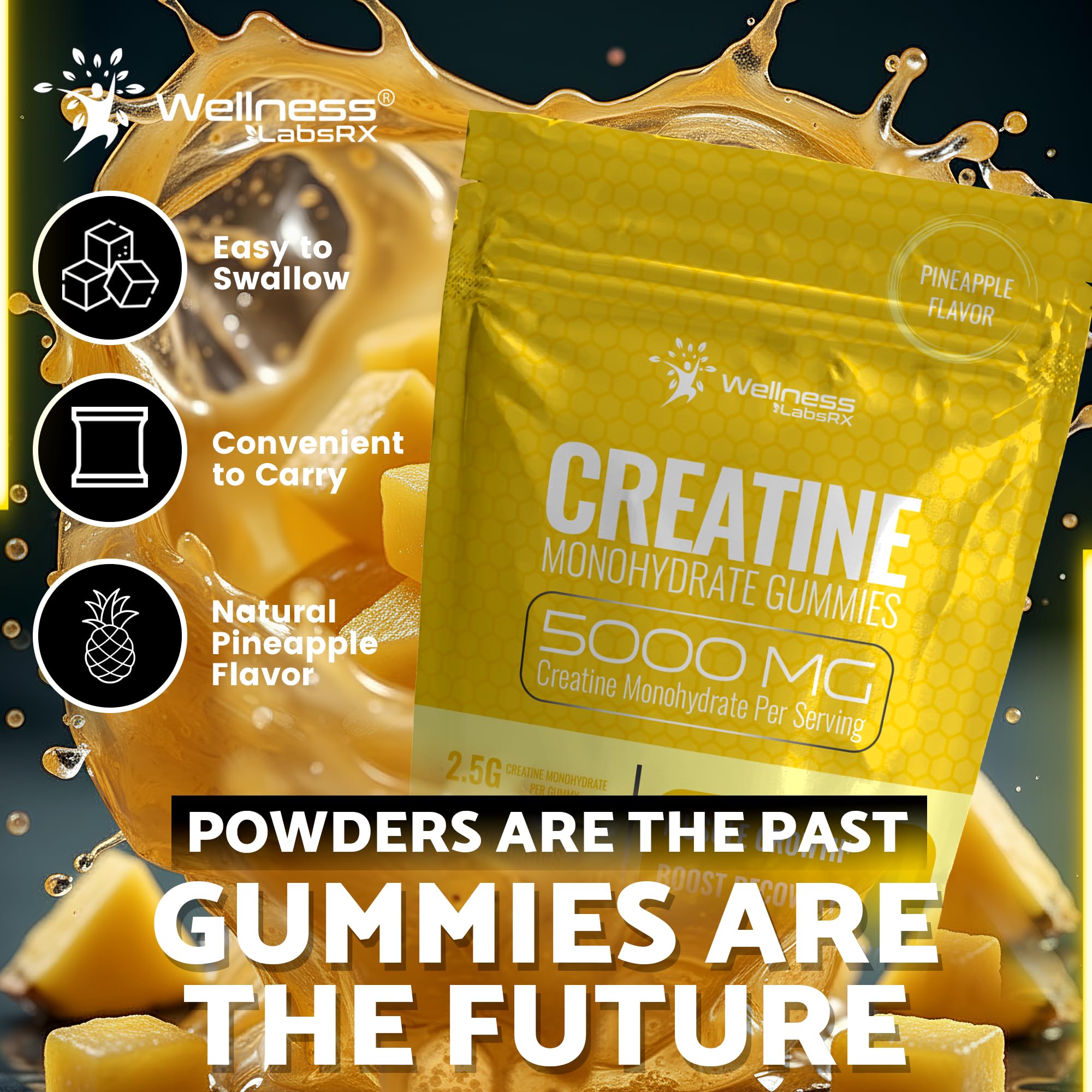 Creatine Gummies 5000mg, 30 Servings Creatine Monohydrate Gummies - Third-Party Tested Creatine for Women, Pineapple Flavor Creatine for Men, Muscle Growth,