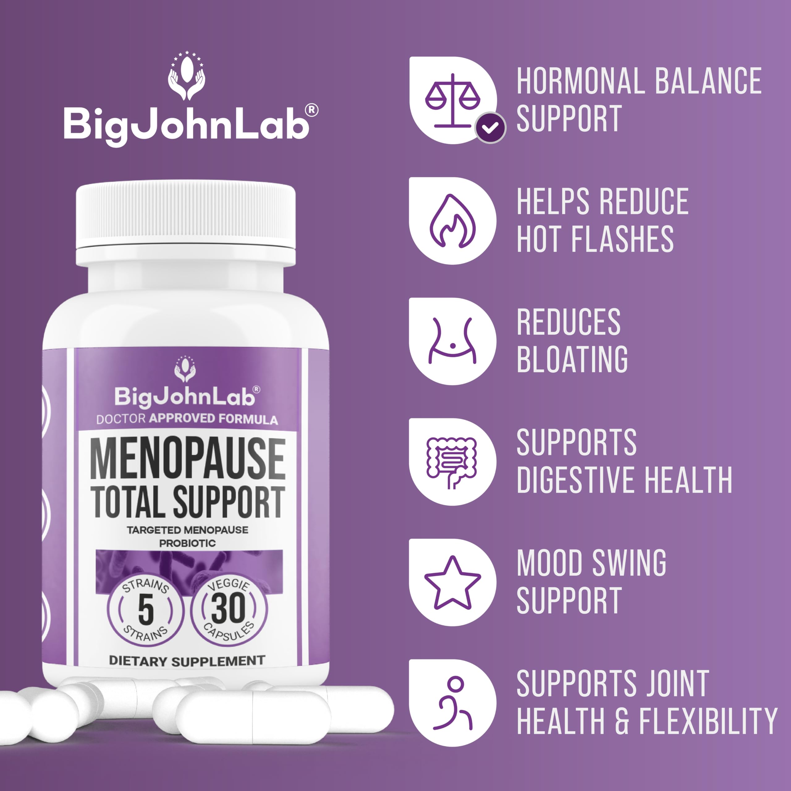 BIGJOHNLAB® - Menopause Total Support – Advanced Probiotic Formula with 5 Strains & 15 Billion CFU, Resveratrol, Black Cohosh, Acacia Fiber, Non-GMO & 100% Vegetarian BIGJOHNLAB Au supplements