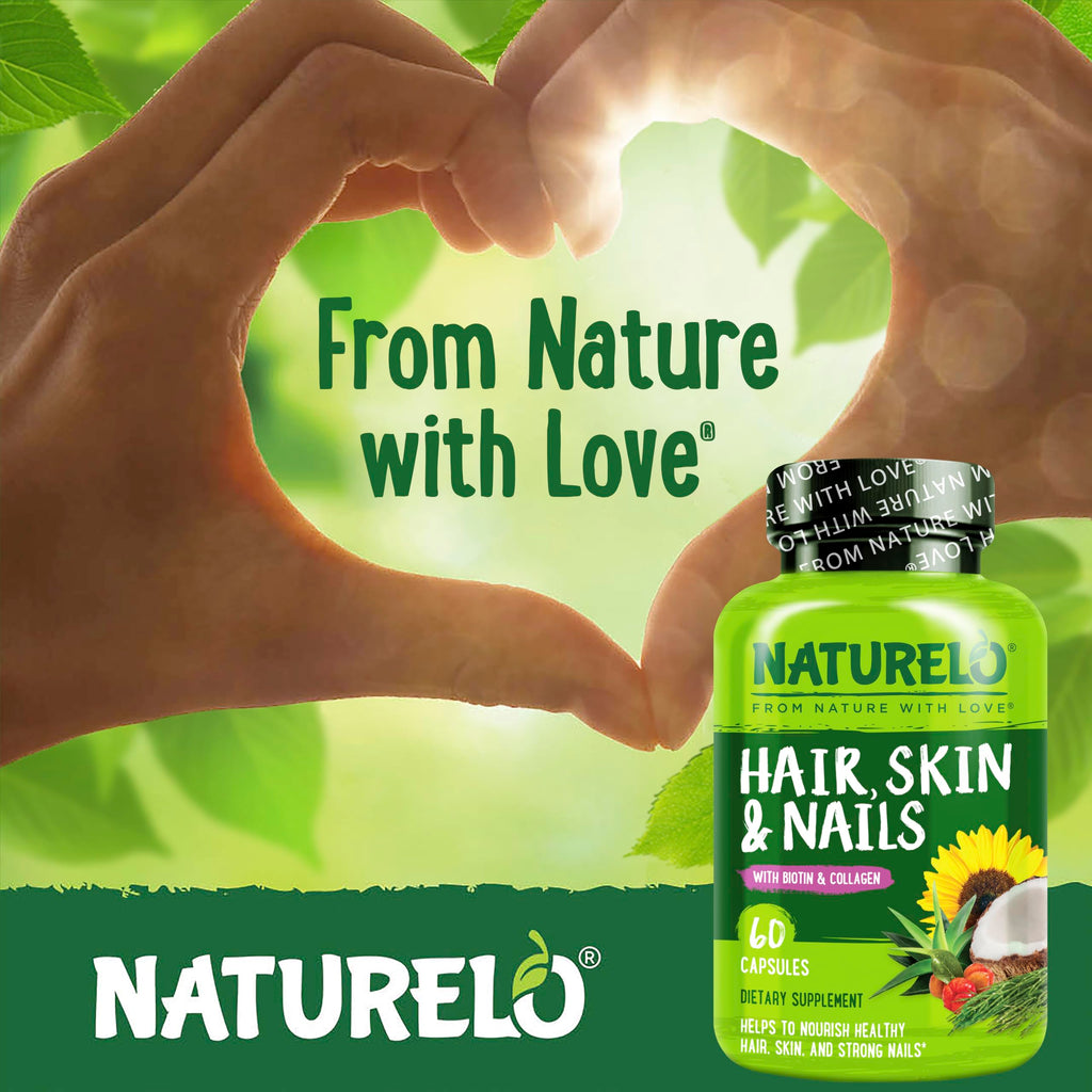 NATURELO Hair, Skin and Nails Vitamins - 5000 mcg Biotin, Collagen, Natural Vitamin E - Supplement for Healthy Skin