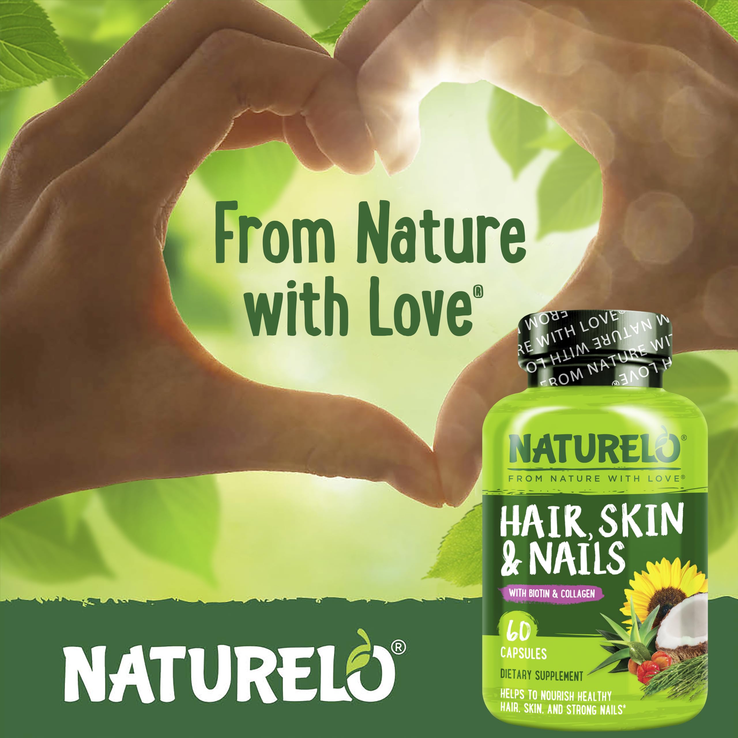 NATURELO Hair, Skin and Nails Vitamins - 5000 mcg Biotin, Collagen, Natural Vitamin E - Supplement for Healthy Skin