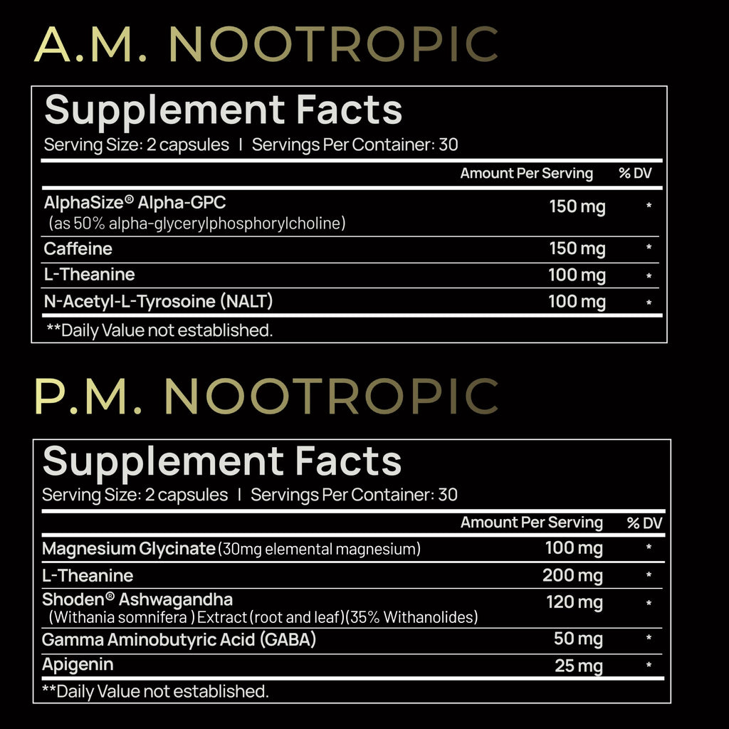 AMPM Nootropic Total Focus + Calm 9X Strength w. Caffeine, L-Theanine, Alpha GPC, L-Tyrosine, Ashwagandha - X-Release Energy Pills Nootropics Brain Support Supplements for Memory and Focus Supplement TERRA ELMNT Au supplements
