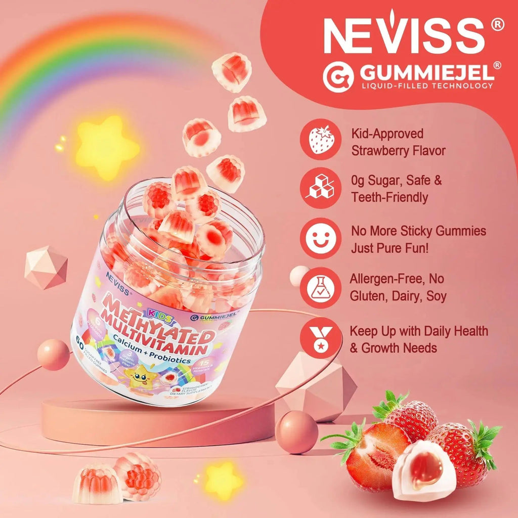 Kids Multivitamin Gummies + Calcium, Probiotics, Vitamin D3, C, Methylated B12 & Methylfolate, B6, A, K2, E, Zinc NEVISS Au supplements