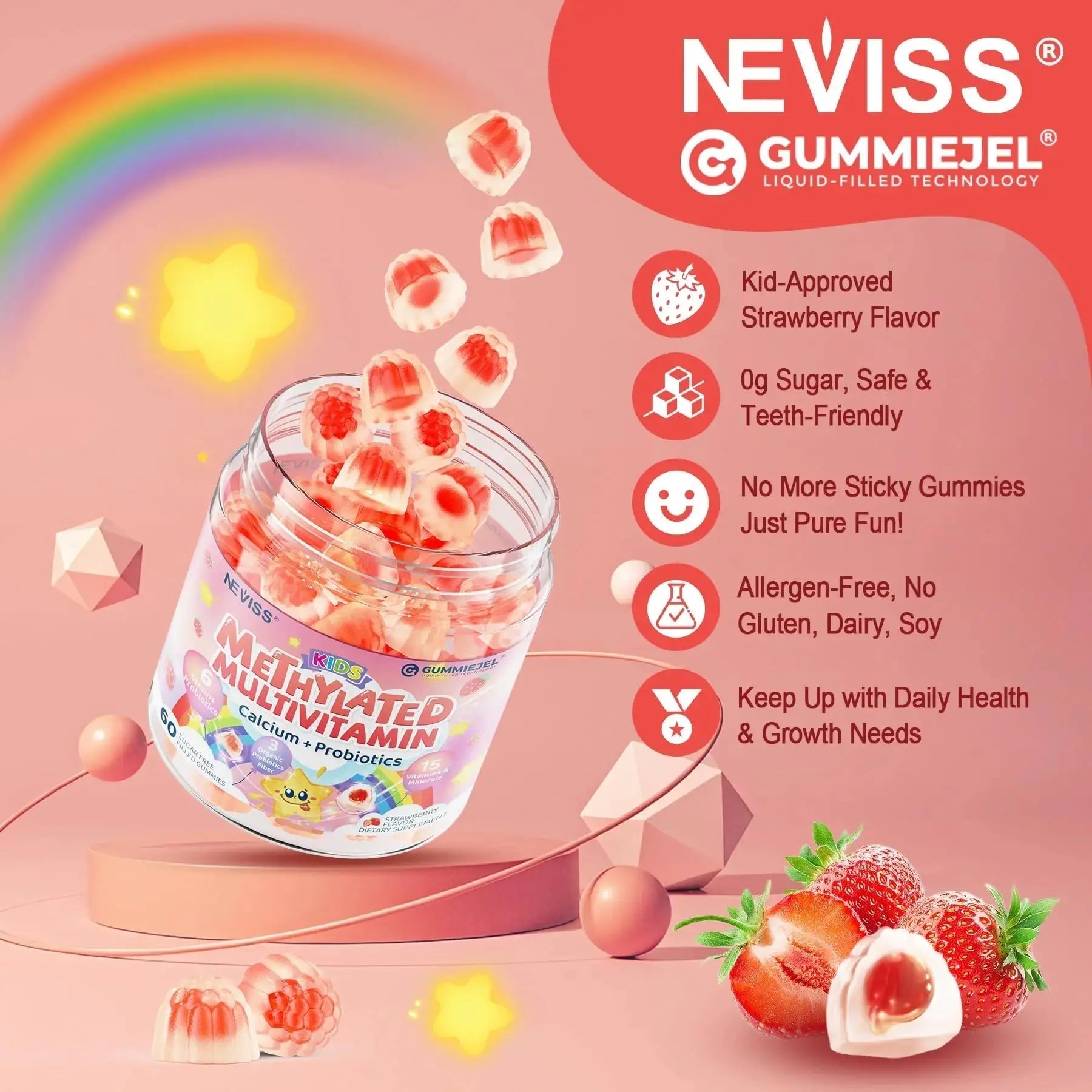 Kids Multivitamin Gummies + Calcium, Probiotics, Vitamin D3, C, Methylated B12 & Methylfolate, B6, A, K2, E, Zinc NEVISS Au supplements