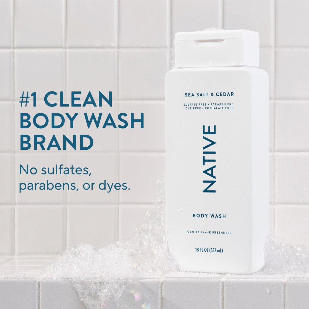 Native Body Wash Contains Naturally Derived Ingredients | For Women & Men, Sulfate, Paraben, & Dye Free Leaving Skin Soft and Hydrated | Sea Salt & Cedar 18 oz