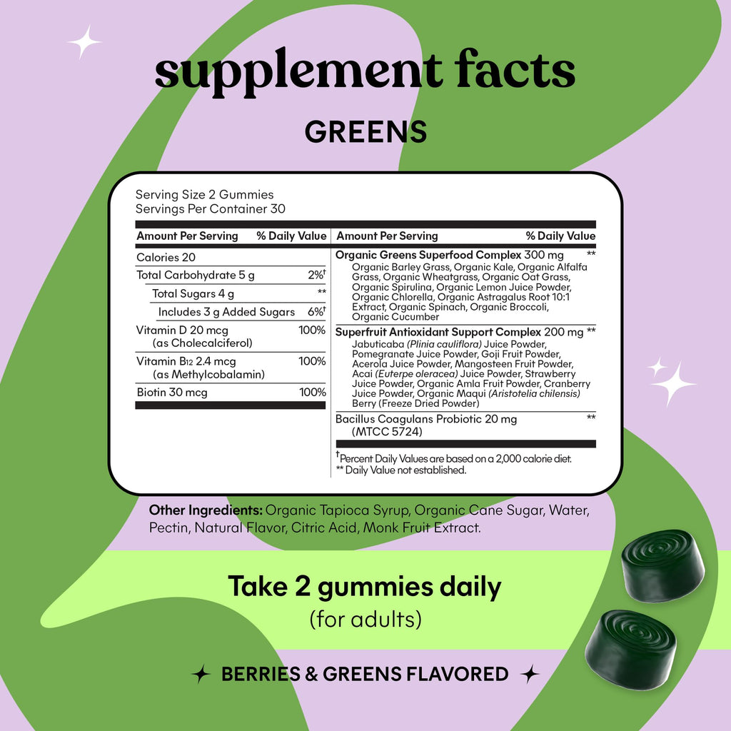 Lemme Greens Superfood Gummies w/Multi - Support Gut Health & Reduce Bloating, 20+ Organic Greens and Superfruits, Clinically Studied Probiotics, D3, B12 - Berries & Greens Flavored (60 Count) Lemme Au supplements