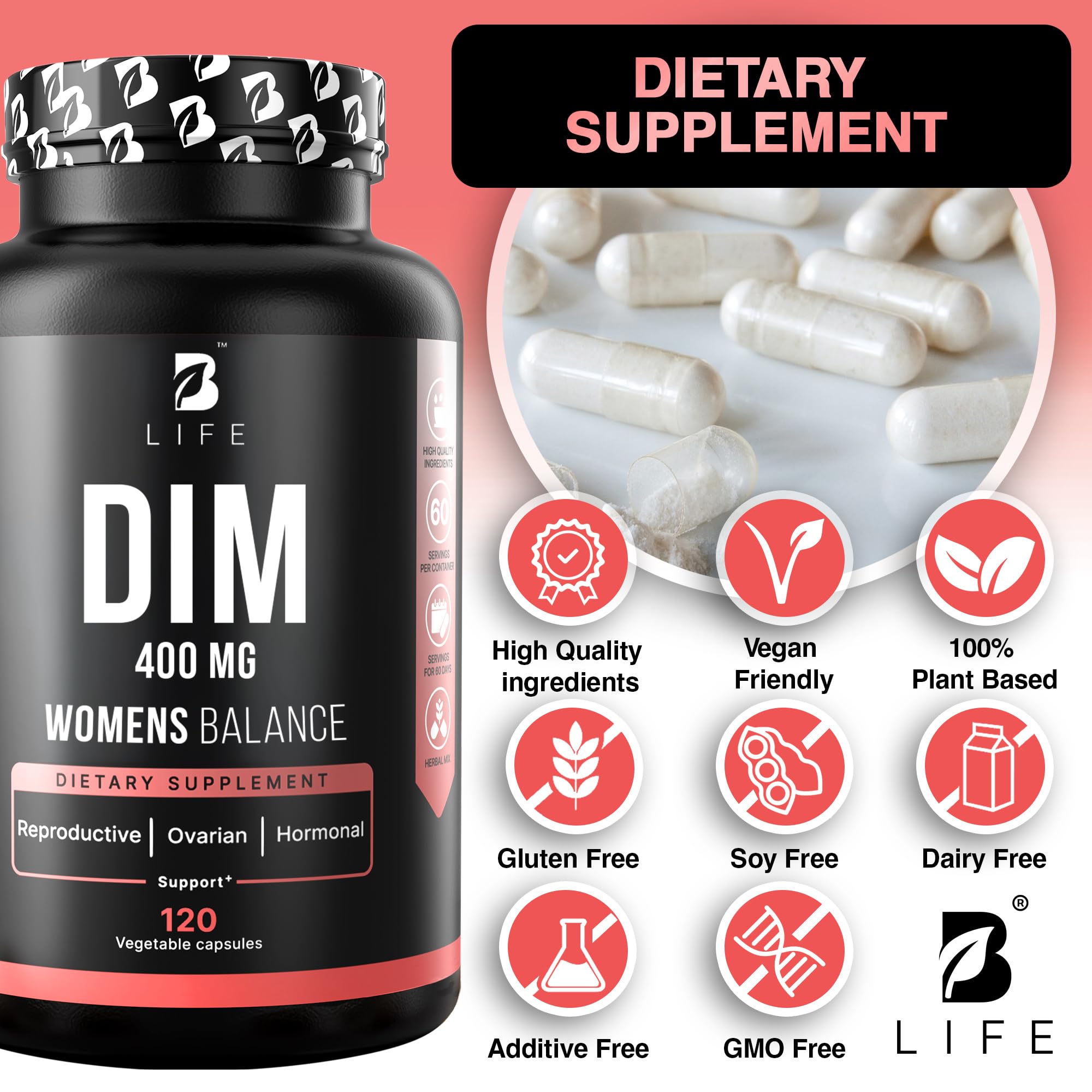 B Life Company DIM Supplement 400 mg with Myo & D-Chiro Inositol, Dong Quai – Hormone Balance for Women – Fertility Supplements – Inositol Supplement - 120 Caps B Life Company Au supplements