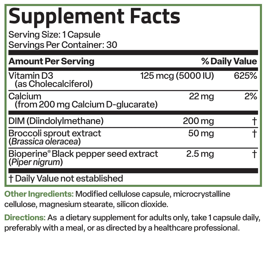 Bronson DIM Balance+ Calcium D-Glucarate, Broccoli Sprouts and Vitamin D3 200 MG of DIM per Capsule Supports Estrogen Metabolism and Balanced Hormone Levels Non-GMO, 30 Vegetarian Capsules Bronson Au supplements