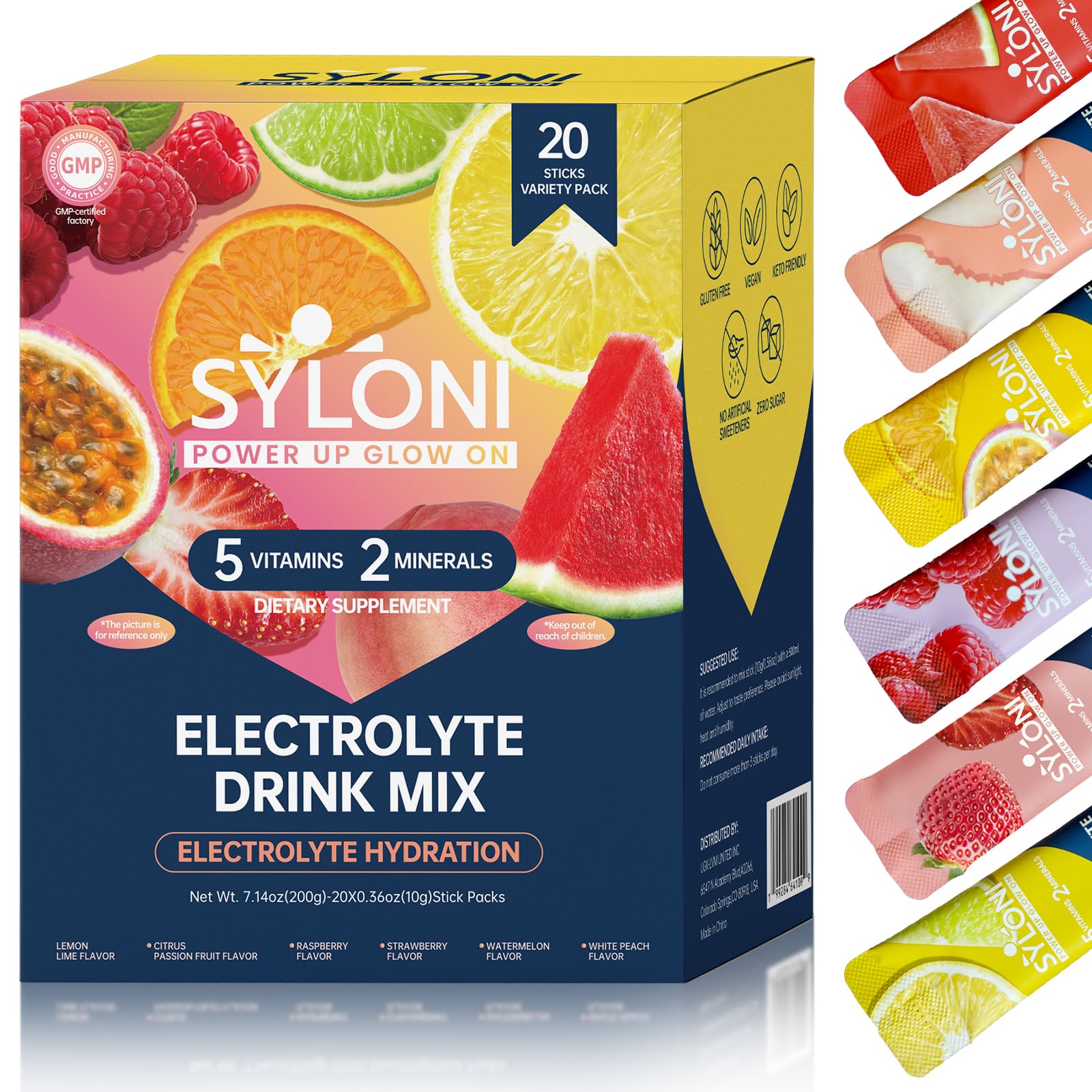 Syloni Electrolytes Powder Packets, Trial Variety Pack(20 Sticks), Sugar Free Hydration Packets Electrolyte Drink Mix with 7 Vitamins and Electrolytes