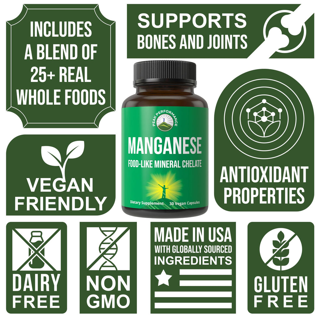 Manganese Supplement Food Like Mineral Chelated for Superior Absorption with Whole Food Blend of 25+ Fruits & Vegetables. Pure Trace Mineral Capsules for Connective Tissue, Bone Health, Enzyme Support Peak Performance Au supplements