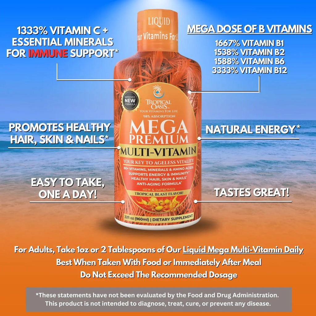 Mega Premium Liquid Multivitamin | Natural Immune Support Vitamin w/ 1333% Vitamin C, 200% D3, Zinc + 20 Vitamins, 70 Minerals, & 21 Amino Acids | Sugar Free Tropical Oasis Au supplements