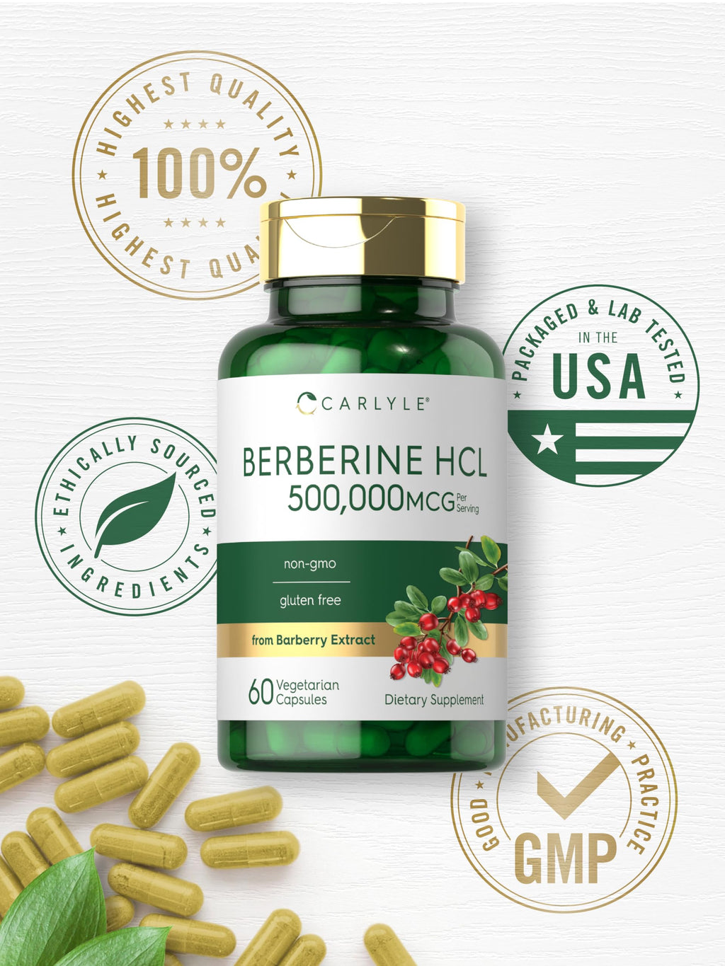 Carlyle Berberine HCL Supplement | 500,000mcg | 60 Capsules | Vegetarian, Non-GMO, Gluten Free