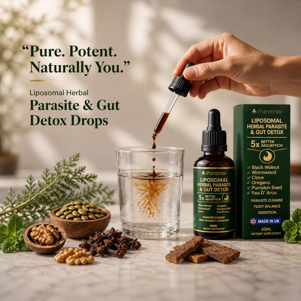 PURETREX Herbal Gut Detox & Cleanse Drops 2 fl oz, Liposomal Dewormer for Humans with Wormwood, Black Walnut, Clove, Pumpkin Seed, PAU D'Arco, Candida