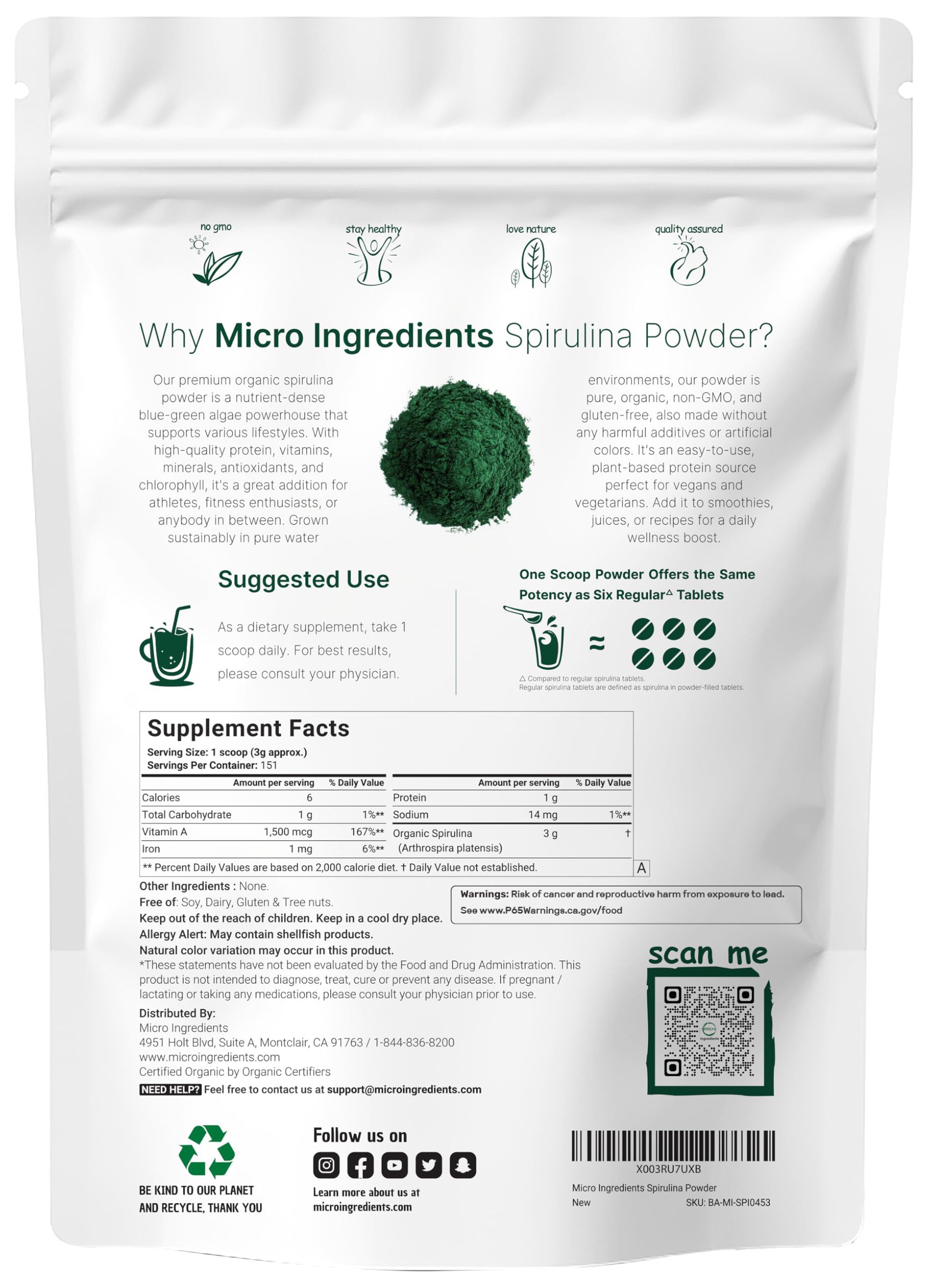 Micro Ingredients Organic Spirulina Powder, 1lb | Blue-Green Algae, Rich in Vegan Protein, Vitamins & Minerals | Source of Natural Chlorophyll & Enzymes