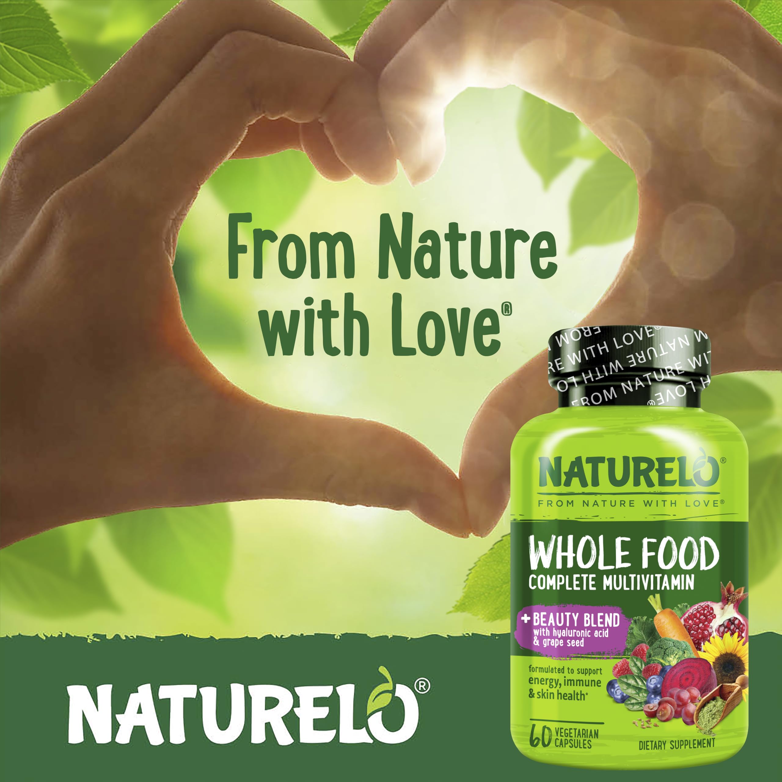 NATURELO Whole Food Multivitamin with Extra Hair, Skin and Nails Support - Beauty Blend with Hyaluronic Acid & Grape Seed - High Potency Biotin, Vitamin C