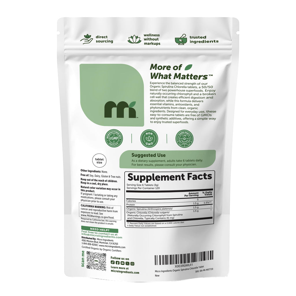 Micro Ingredients Organic Spirulina Chlorella Tablets, 720 Count | 4 Month Supply | 50/50 Algae Blend | Broken Cell Wall | Non-GMO, Filler Free