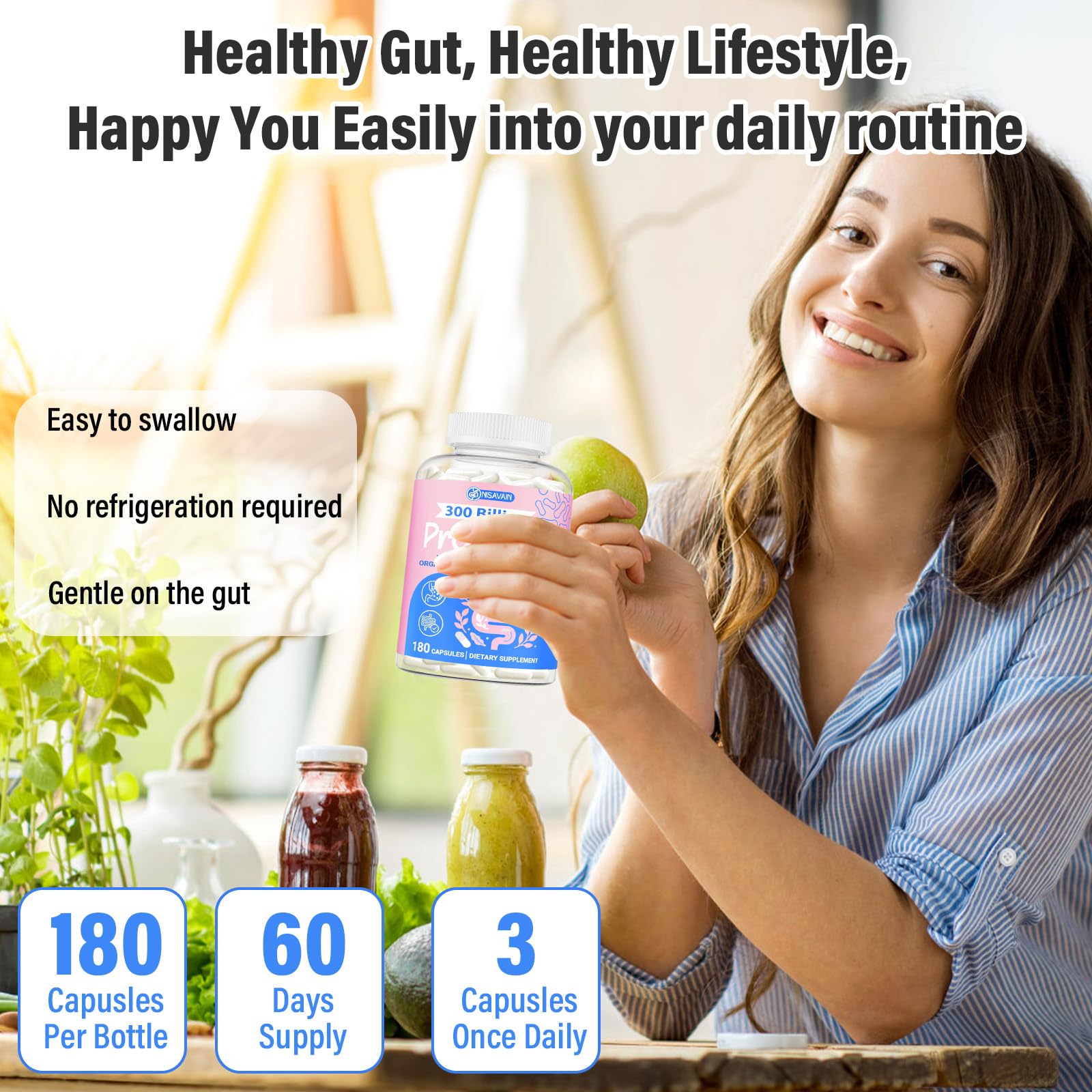 (180 Capsules) Probiotics for Women & Men, 5-in-1 Probiotic, Prebiotic, Postbiotic, Organic Herbs & 16 Digestive Enzymes Blend, 300 Billion CFU, Complete Gut Health, Digestive Health & Immune* Nisavain Au supplements