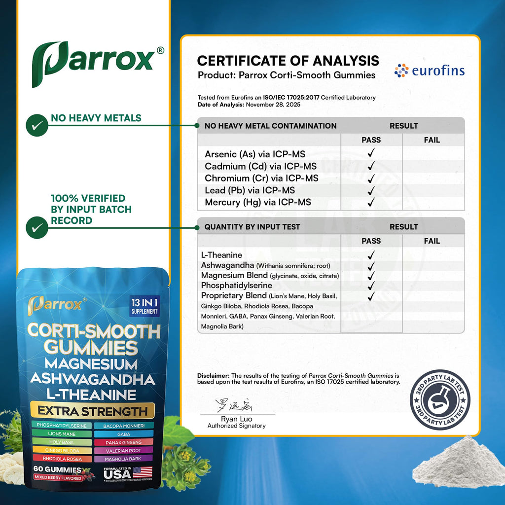 Parrox Corti-Smooth Cortisol Support Gummies with Magnesium, L-Theanine, Ashwagandha, Phosphatidylserine, Bacopa Monnieri, Lions Mane, Ginkgo Biloba, Valerian Root (60 Gummies - Mixed Berry Flavor) Parrox Au supplements