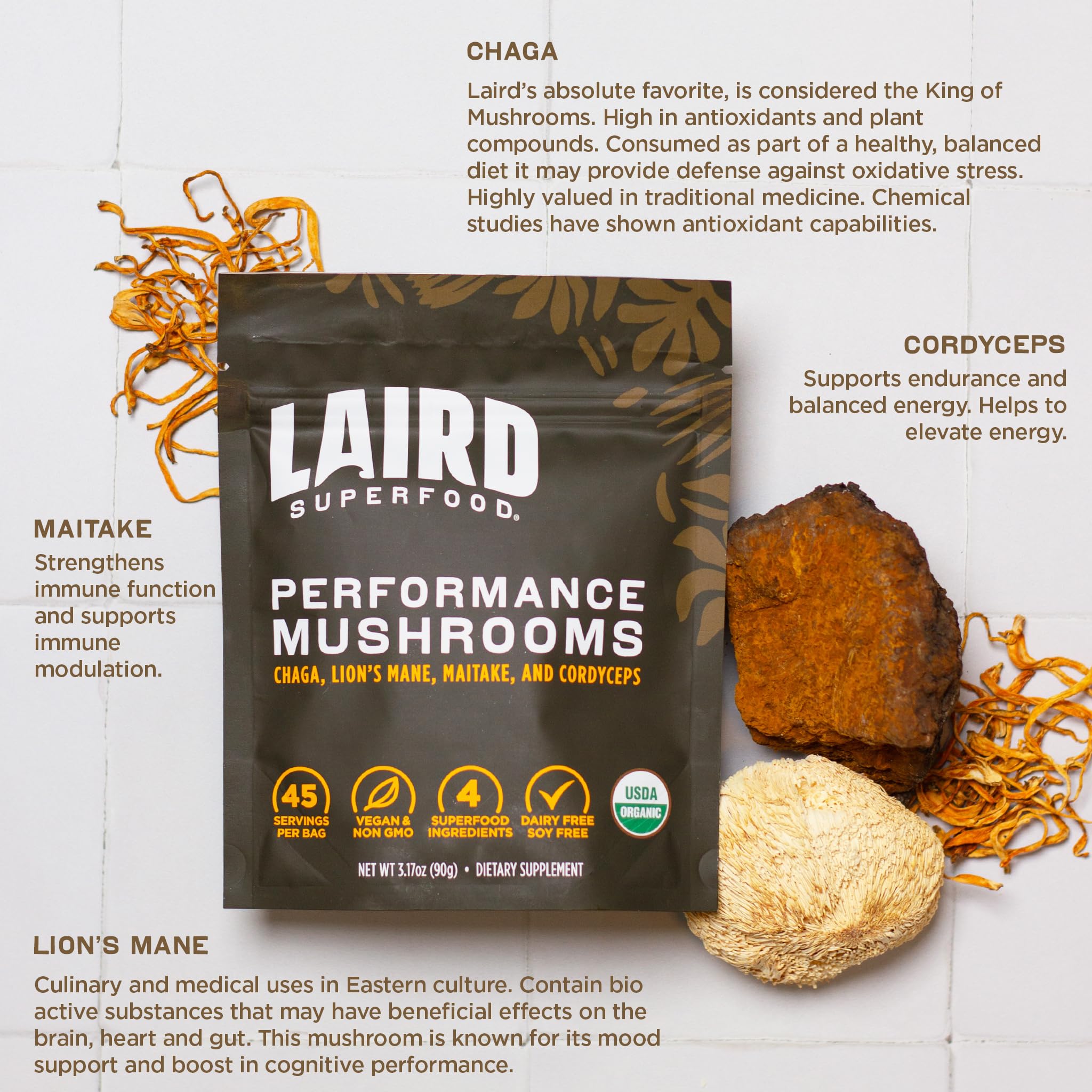 Laird Superfood Organic Performance Mushroom Blend with Chaga, Cordyceps, Lion's Mane and Maitake for Energy