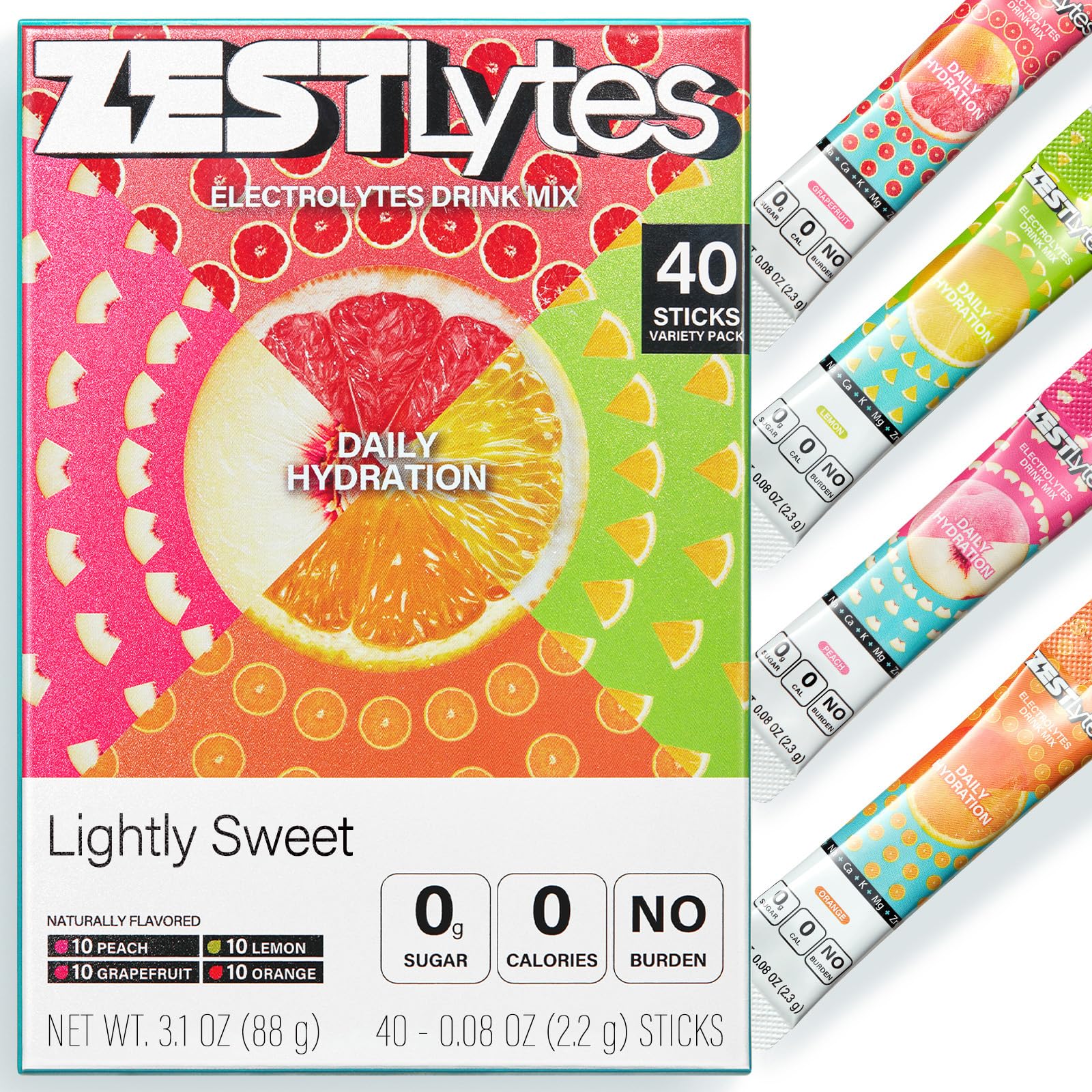 ZestLytes 40 Sticks Low Sodium Sugar Free & 0 Calorie Electrolyte Hydration Packets, Lightly Sweet Electrolyte Powder Drink Mix, Liquid Daily IV Flavors | Lemon Orange Peach Grapefruit