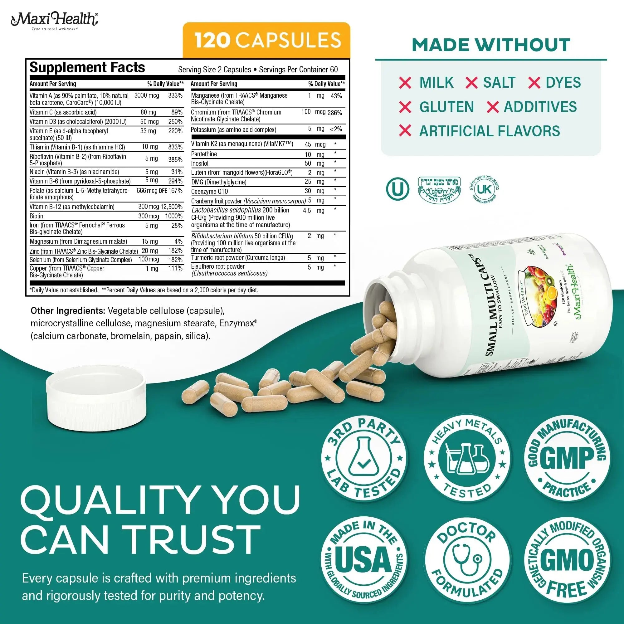 Maxi Health Multivitamin – Easy to Swallow Multi Vitamin Capsules with 30 Nutrients, Iron & Probiotics – Kosher Daily Multivitamins Small Capsules Maxi Health Au supplements
