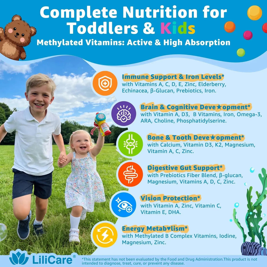 Toddler Multivitamin Gummies with Iron, Omega-3, ARA, Calcium, Prebiotic | Methylated Vitamins for Kids Ages 2+ | Overall Support | LILICARE Au supplements
