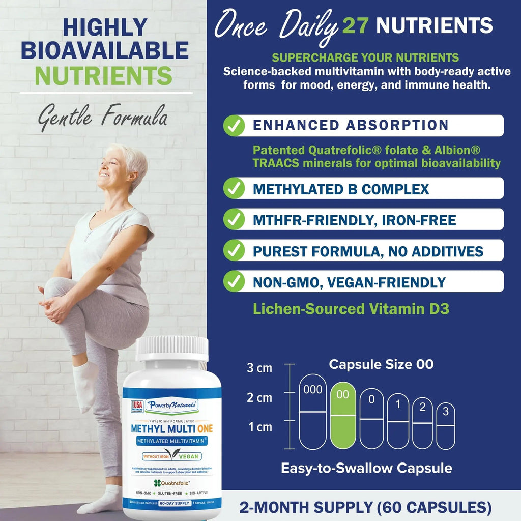 Power By Naturals Methyl Multi One - Iron-Free Methylated Multivitamin with Quatrefolic 5-MTHF, Active B12, P5P, CoQ10 & Zinc for MTHFR Support Power By Naturals Au supplements