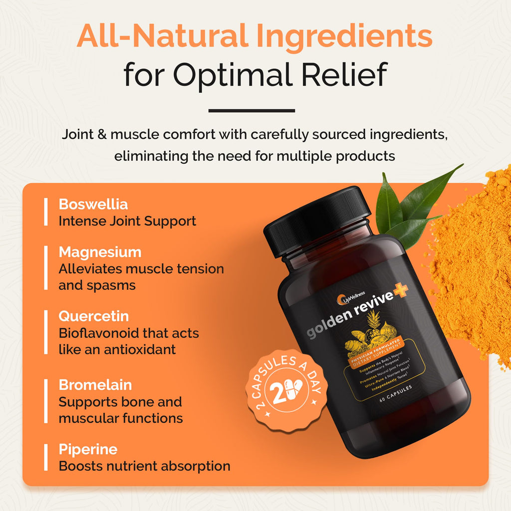 UpWellness Golden Revive + Joint Support Supplement Featuring Turmeric with Black Pepper, Quercetin, and Magnesium- Turmeric Boswellia Supplement - 6 Active Ingredients - 60 Capsules, 3 Pack UpWellness Au supplements