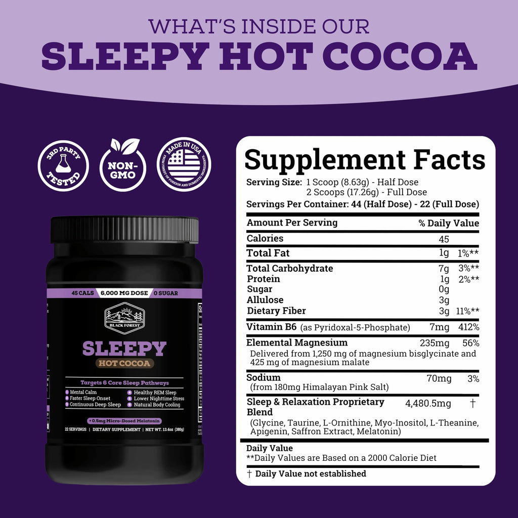 Black Forest Sleepy Hot Cocoa - Magnesium Hot Chocolate Sleepy Cocoa Sleep Powder for Adults with Melatonin & L-Theanine - Natural Sleep Drink Mix for Deep Sleep & Relaxation,