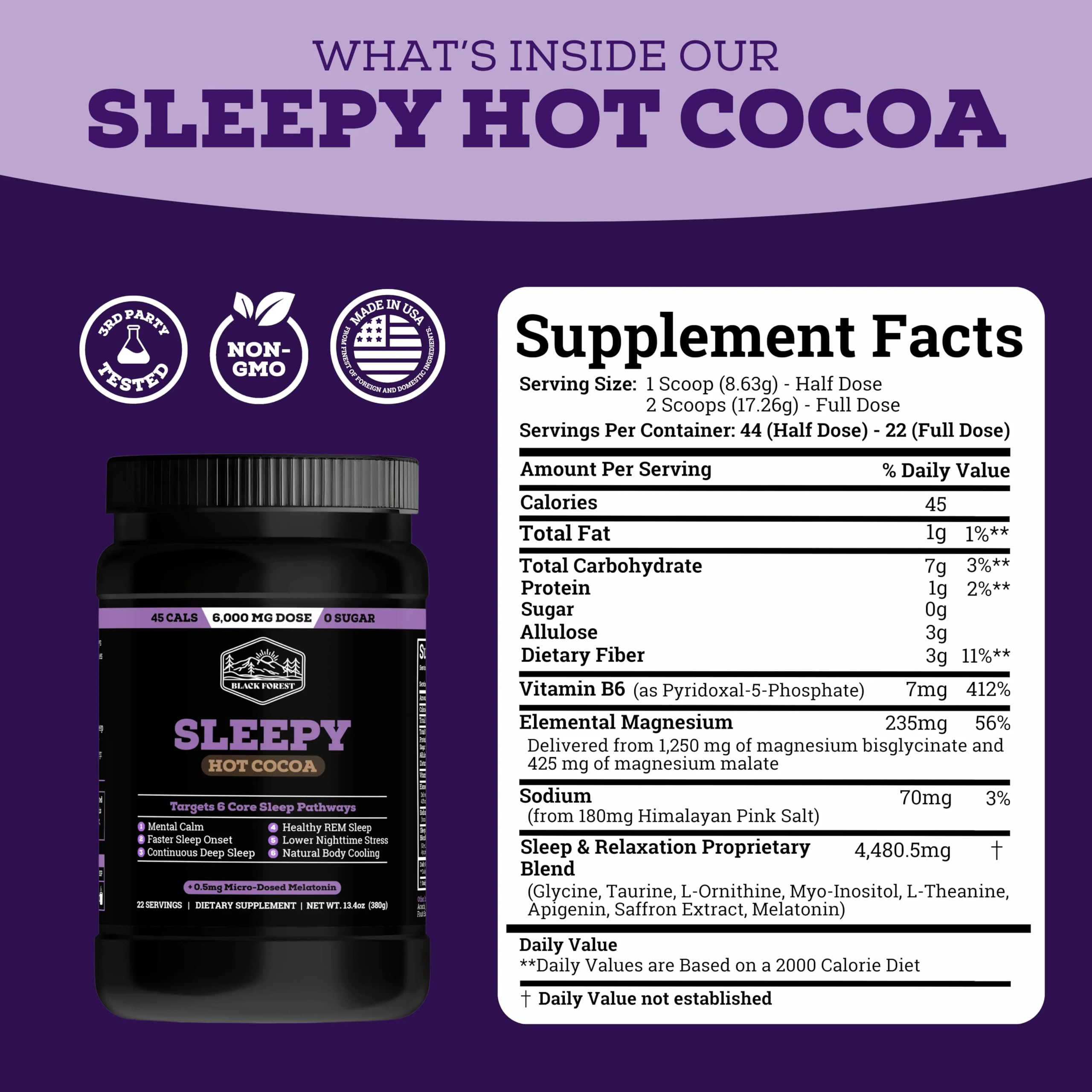 Black Forest Sleepy Hot Cocoa - Magnesium Hot Chocolate Sleepy Cocoa Sleep Powder for Adults with Melatonin & L-Theanine - Natural Sleep Drink Mix for Deep Sleep & Relaxation,