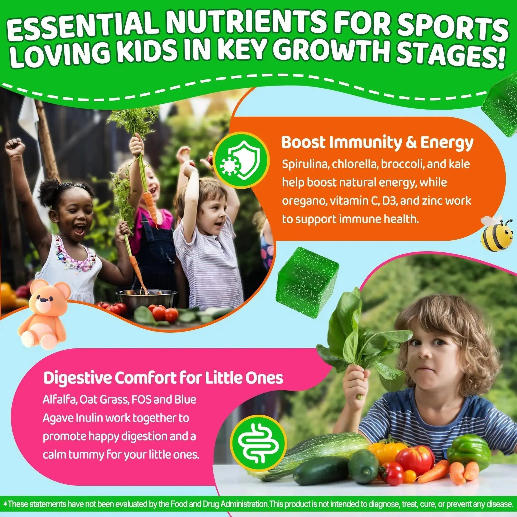 Kids Super Greens Gummies, w/Multivitamins, Spirulina, Chlorella, Spinach, Broccoli, Calcium, Omega-3 (DHA/EPA) EnvyCure Au supplements