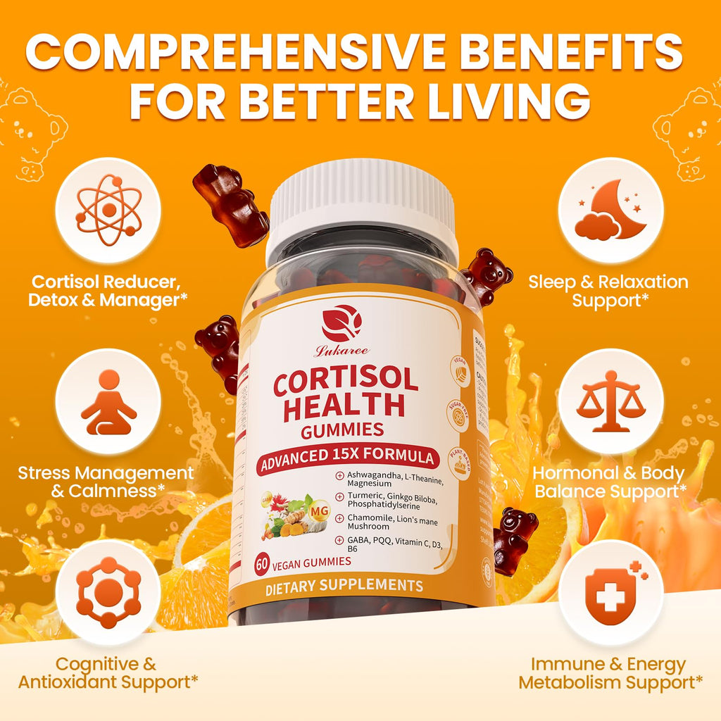 Lukaree Cortisol Supplements for Women & Men, 15 in 1 Cortisol Reducer Manager, Cortisol Calm Gummies with Ashwagandha, Magnesium, L-theanine, GABA - for Mood, Focus, Sleep - Vegan Sugar Free, 60 Ct. Lukaree Au supplements