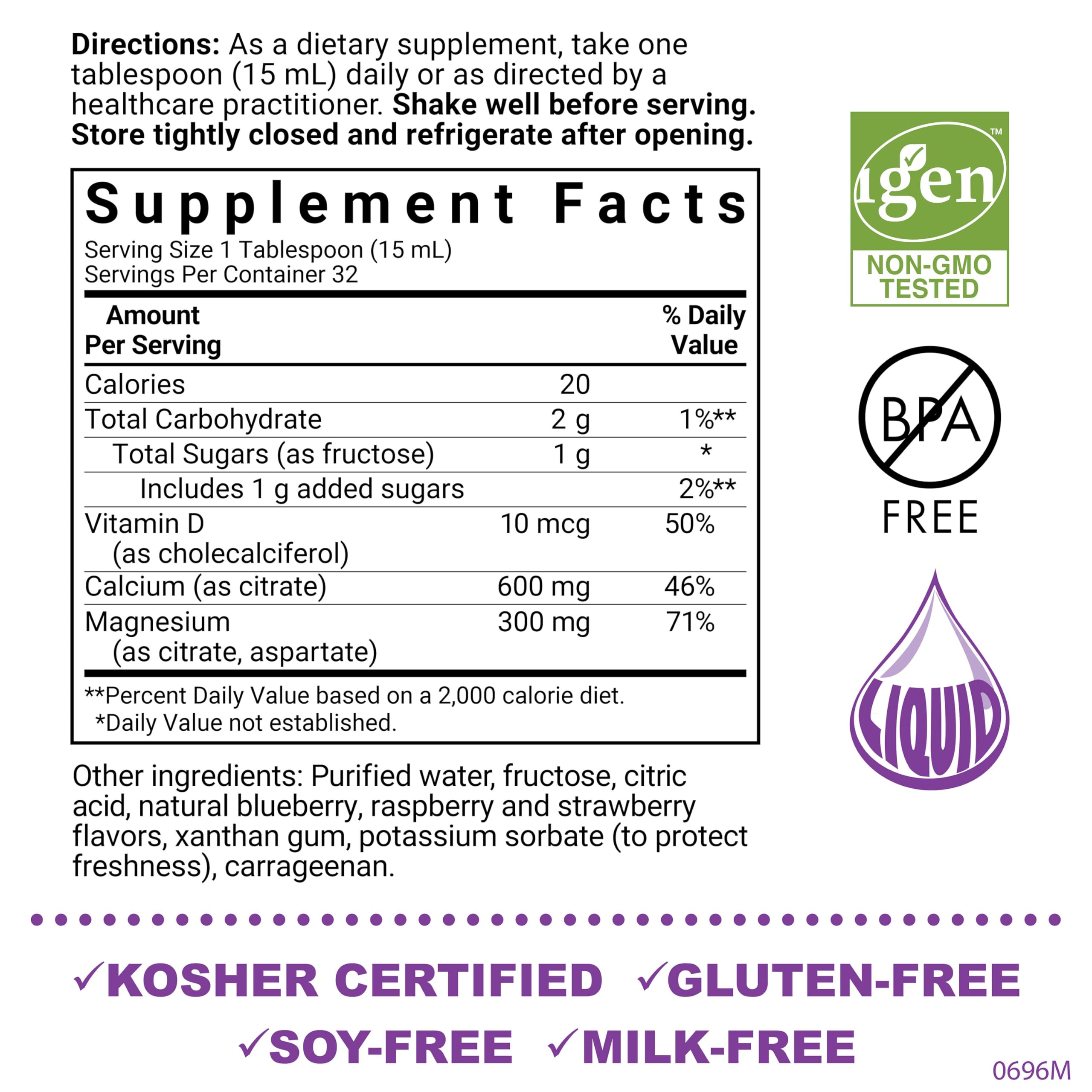 Bluebonnet Nutrition Liquid Calcium Citrate, Magnesium, Vitamin D3, Bone Health, Gluten Free, Soy Free, Milk Free, Kosher, 16 fl oz