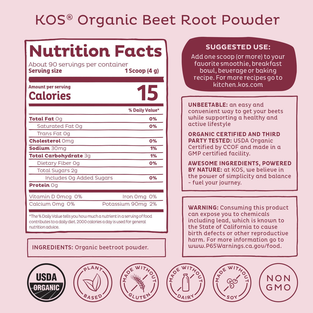 KOS Organic Beet Root Powder, USDA Organic - Natural Nitric Oxide Booster, Superfood Plant Based Beetroot Antioxidant, Supports Active Lifestyle & Healthy Circulation,