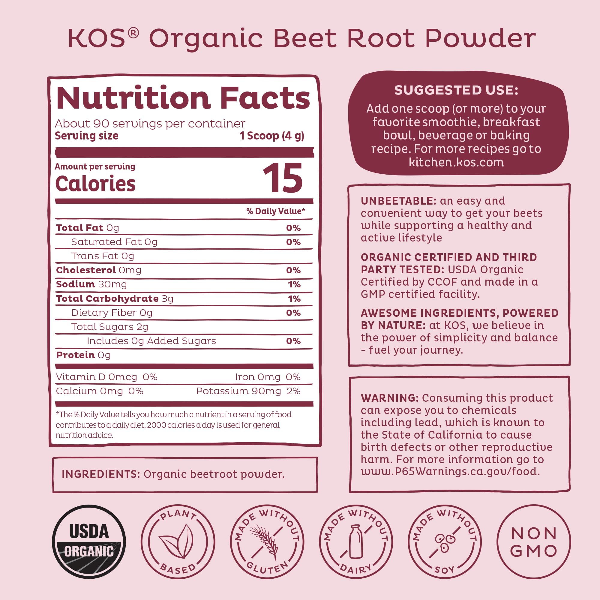 KOS Organic Beet Root Powder, USDA Organic - Natural Nitric Oxide Booster, Superfood Plant Based Beetroot Antioxidant, Supports Active Lifestyle & Healthy Circulation,